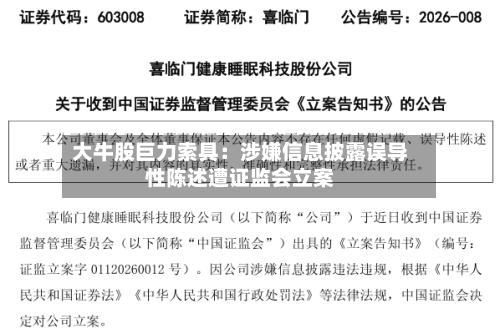 大牛股巨力索具：涉嫌信息披露误导性陈述遭证监会立案