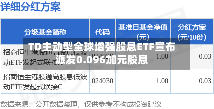 TD主动型全球增强股息ETF宣布派发0.096加元股息