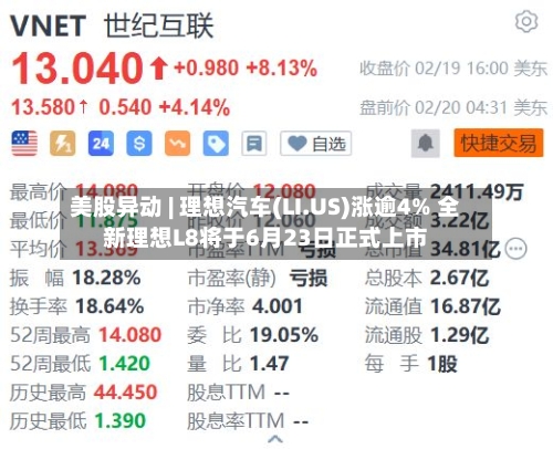 美股异动 | 理想汽车(LI.US)涨逾4% 全新理想L8将于6月23日正式上市