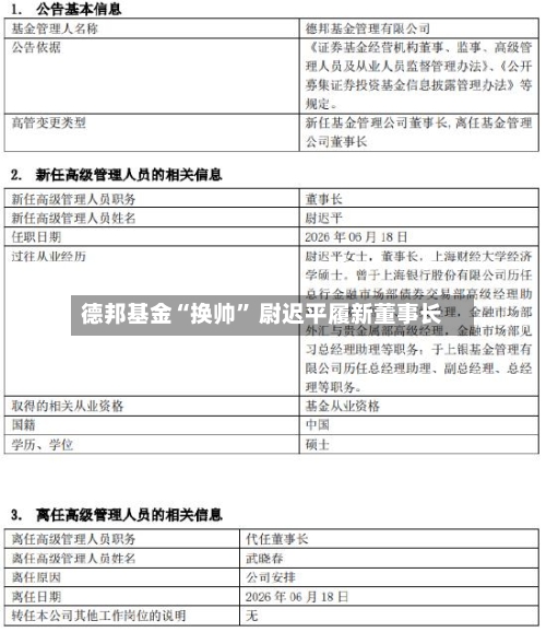 德邦基金“换帅” 尉迟平履新董事长