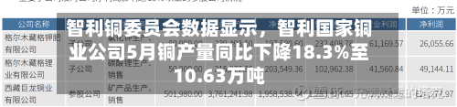 智利铜委员会数据显示，智利国家铜业公司5月铜产量同比下降18.3%至10.63万吨