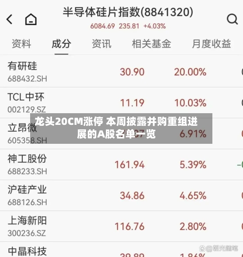 龙头20CM涨停 本周披露并购重组进展的A股名单一览