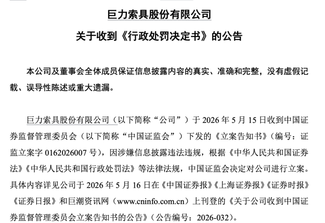 巨力索具，被罚450万元