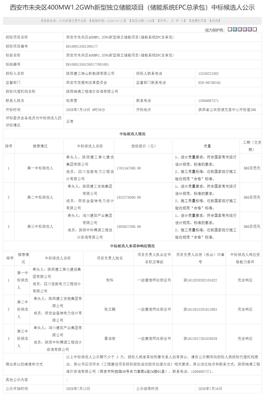 1.47元/Wh！陕建宝能预中标陕西1.2GWh独立储能EPC
